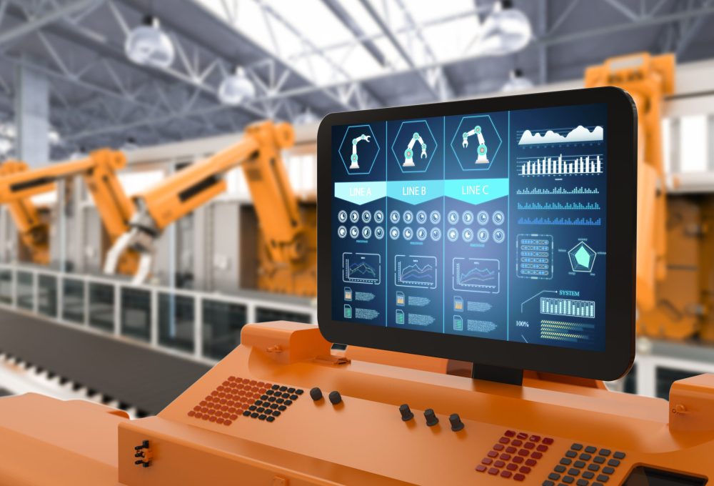 Automation factory concept Automation factory concept with 3d rendering control panel screen with robotic arms